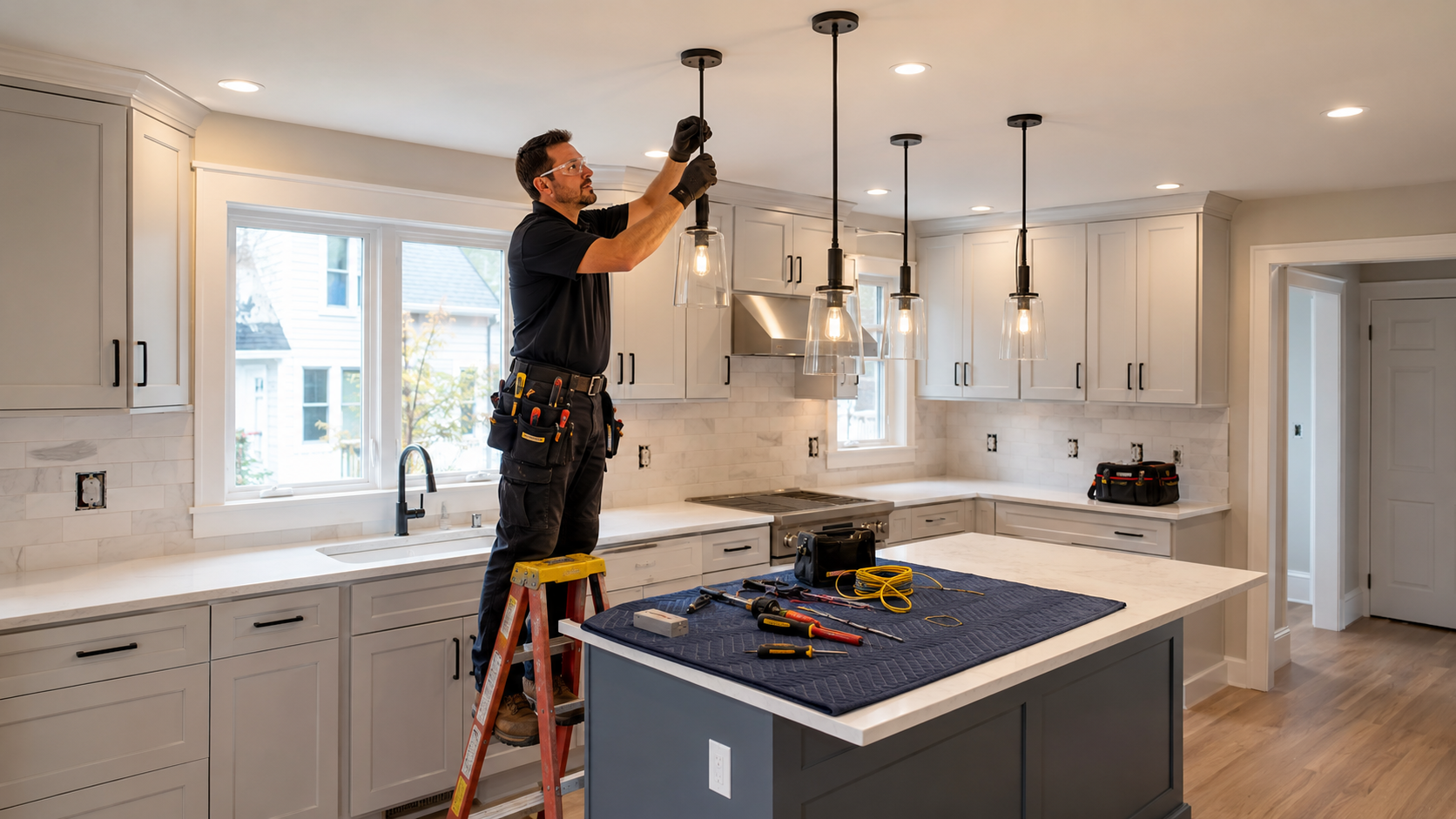Licensed electrician installing pendant lights during a kitchen renovation in Somerville, Massachusetts