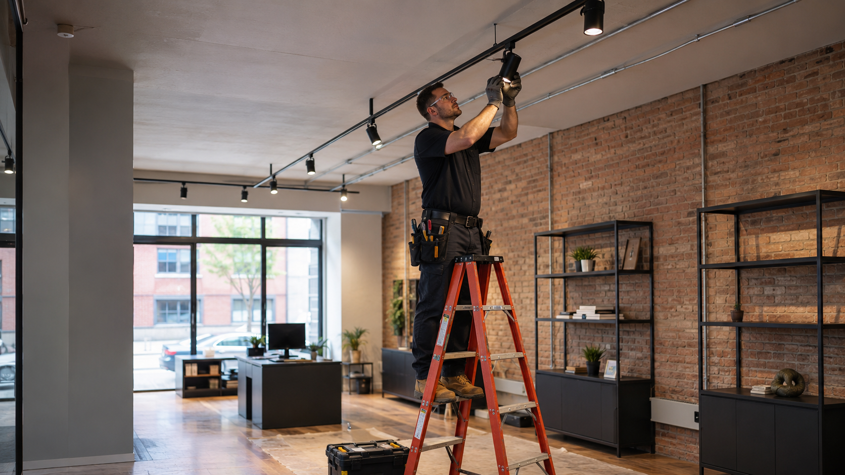 Licensed electrician installing track lighting inside a renovated commercial space in Cambridge, Massachusetts