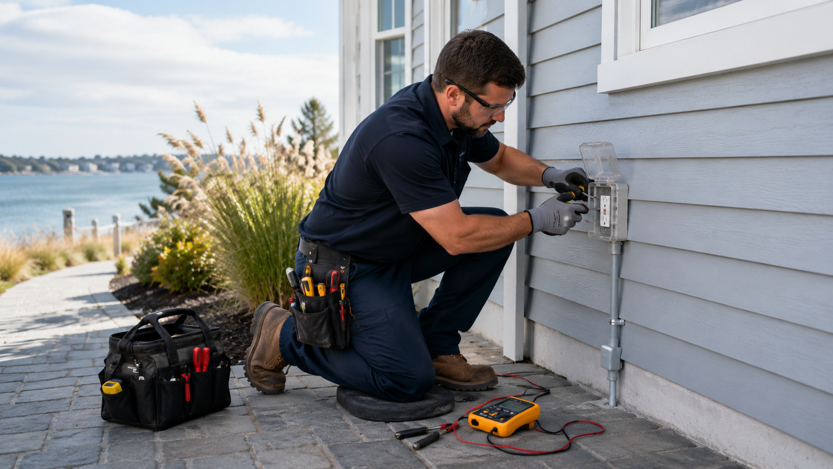 Licensed electrician replacing a weather-resistant exterior outlet at a coastal home in Winthrop, Massachusetts