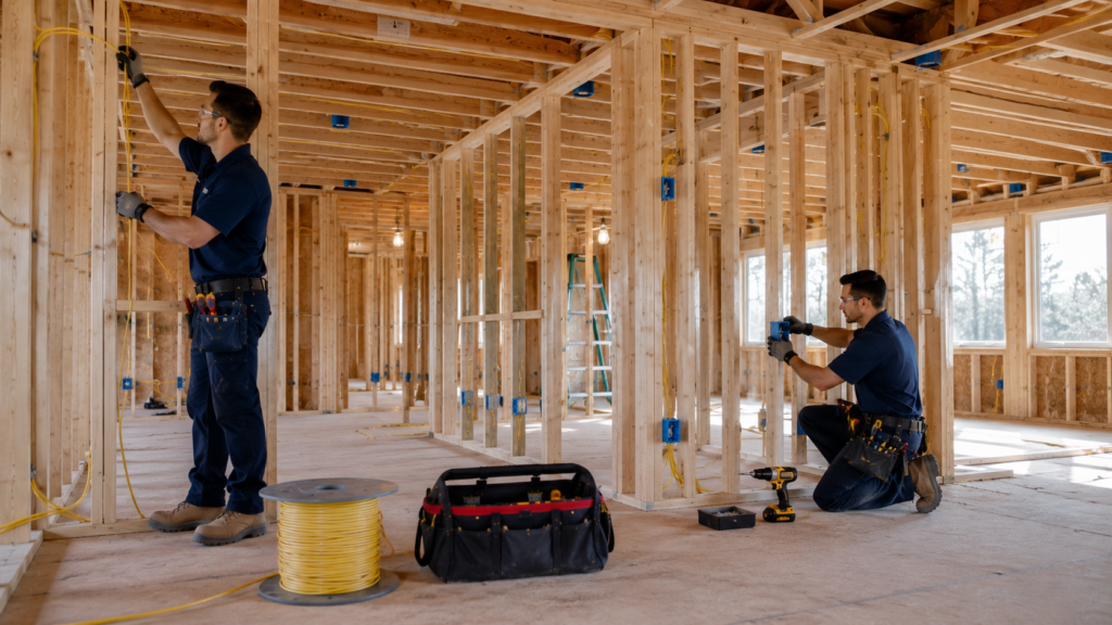 Licensed electrician installing rough electrical wiring inside a new home under construction in North Reading, Massachusetts.