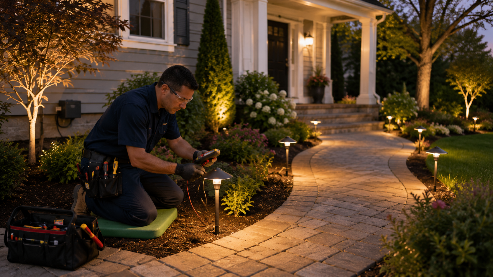 Licensed electrician installing landscape lighting along a residential walkway in Reading, Massachusetts