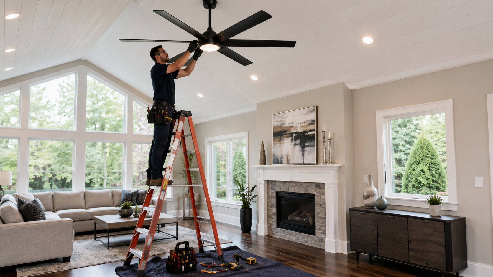Licensed electrician installing a modern ceiling fan inside a luxury home in Melrose, Massachusetts.
