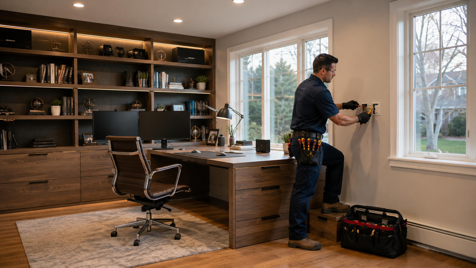 Licensed electrician installing dedicated electrical outlets and recessed lighting inside a modern home office in Lynnfield, Massachusetts.