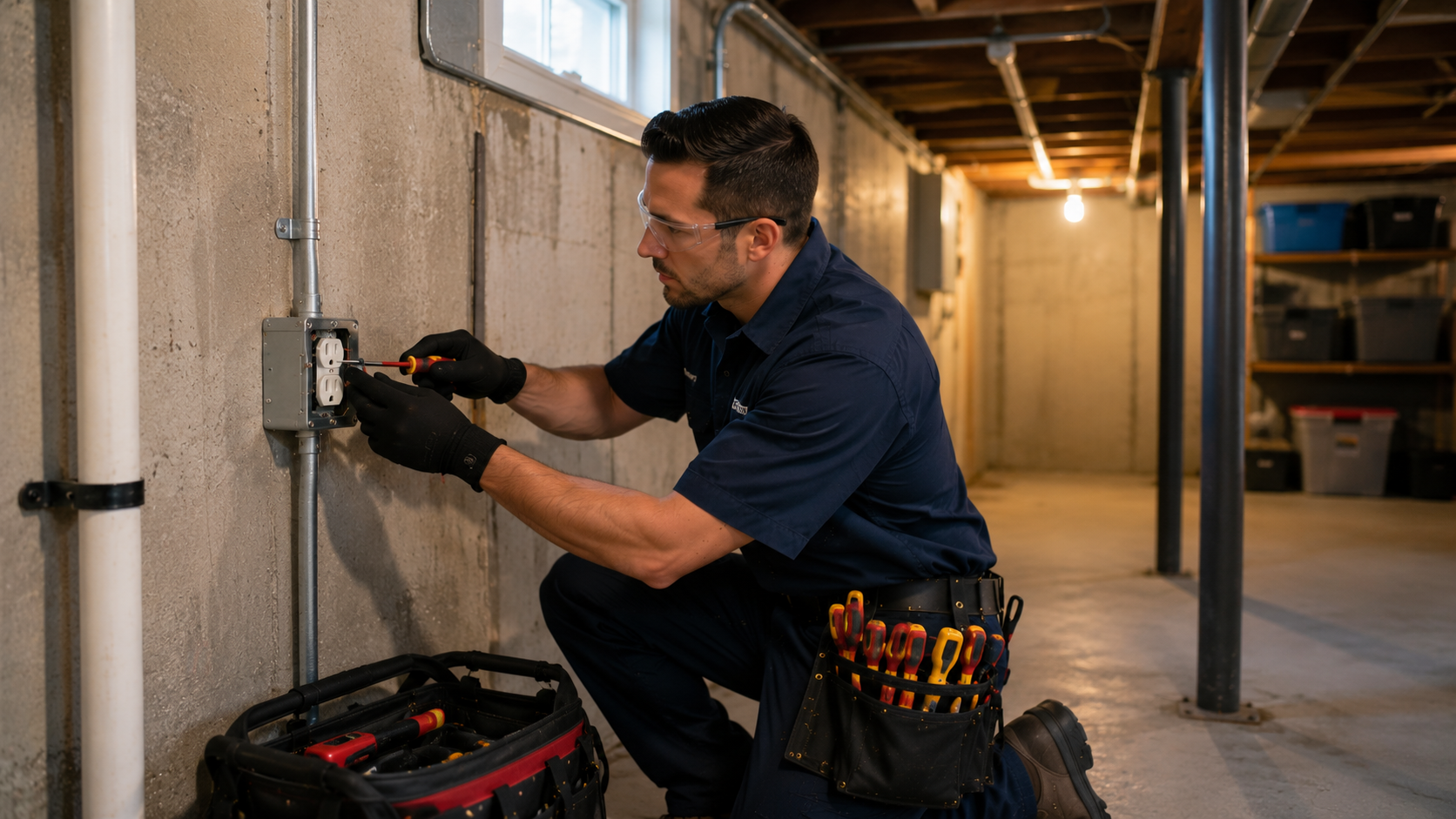 Licensed electrician installing a weatherproof HVAC electrical disconnect on the exterior of a coastal home in Nahant, Massachusetts.