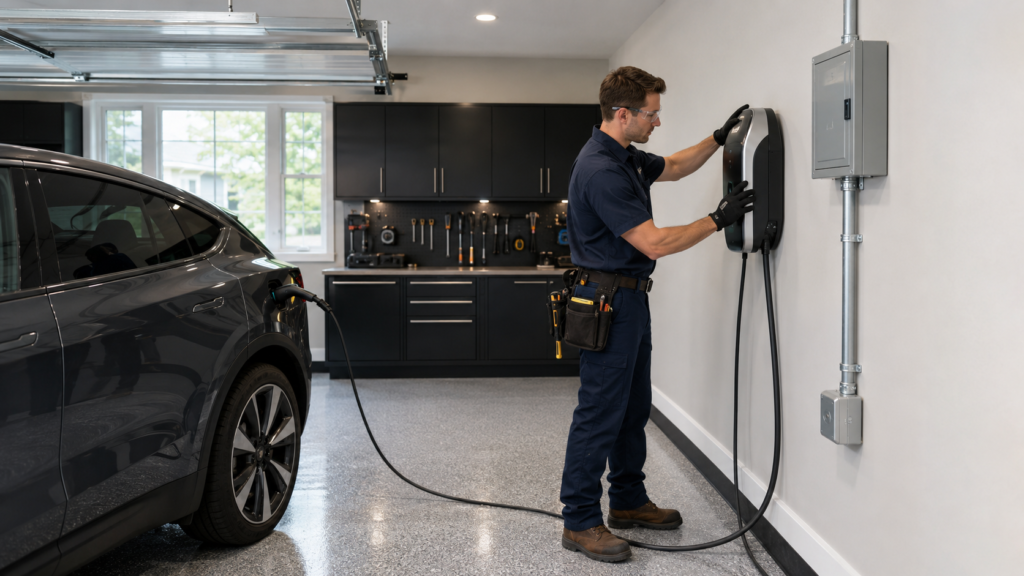 Licensed electrician installing a Level 2 EV charger inside a residential garage in Saugus, Massachusetts.