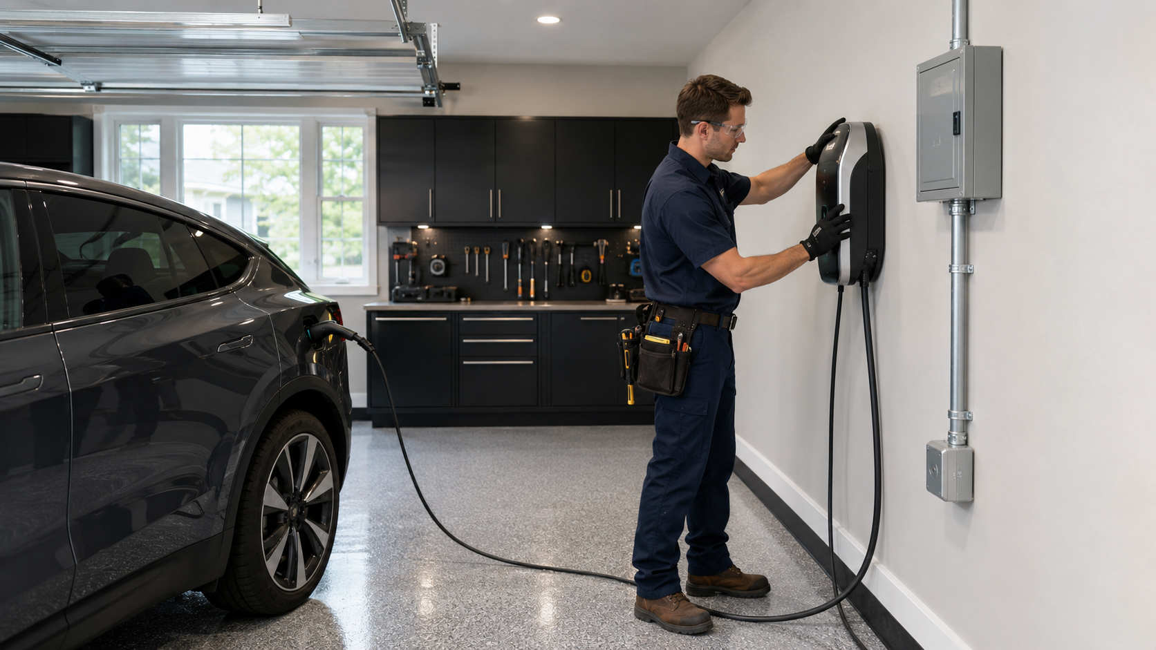 Licensed electrician installing a Level 2 EV charger inside a residential garage in Saugus, Massachusetts.