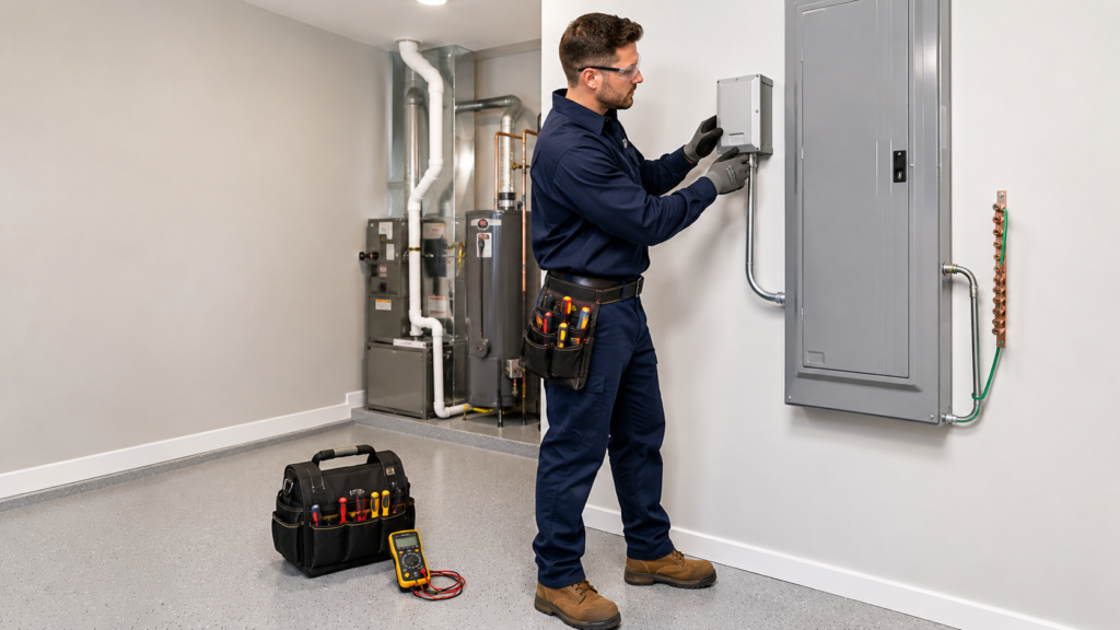 Licensed electrician installing a whole-house surge protector at a residential electrical panel in Stoneham, Massachusetts