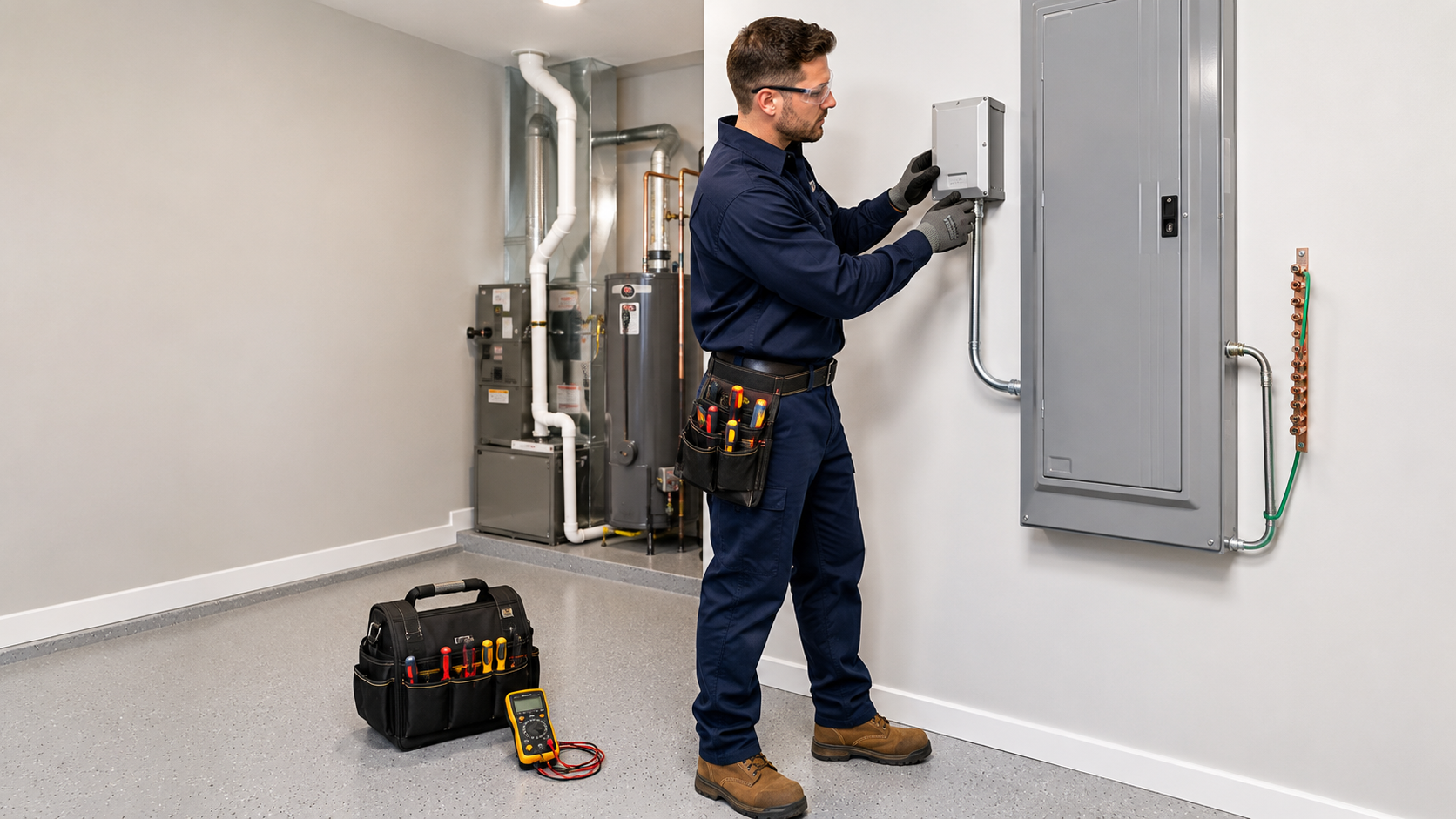 Licensed electrician installing a whole-house surge protector at a residential electrical panel in Stoneham, Massachusetts
