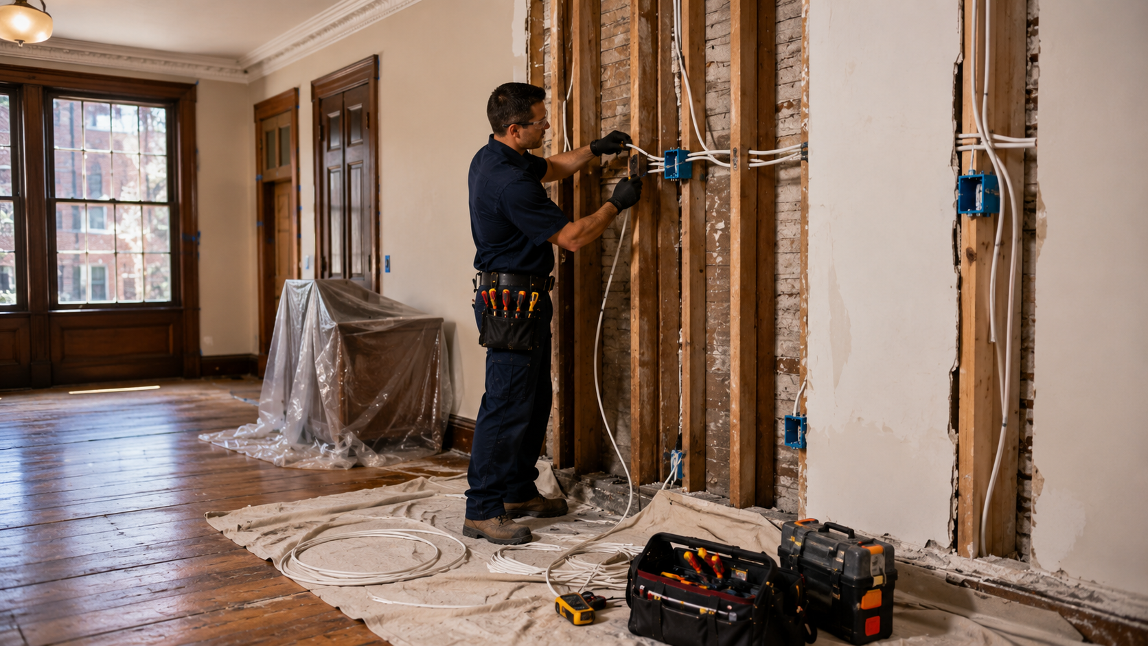 Licensed electrician installing new wiring during the renovation of an older home in Salem, Massachusetts