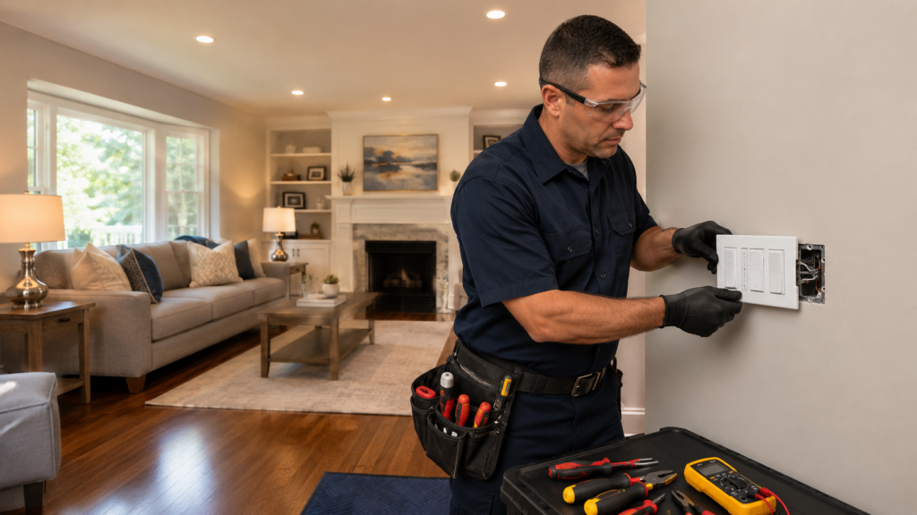 Licensed electrician installing modern lighting controls in a residential living room in Wakefield, Massachusetts