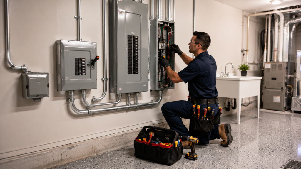 Licensed electrician installing a generator transfer switch beside a residential electrical panel in Peabody, Massachusetts.