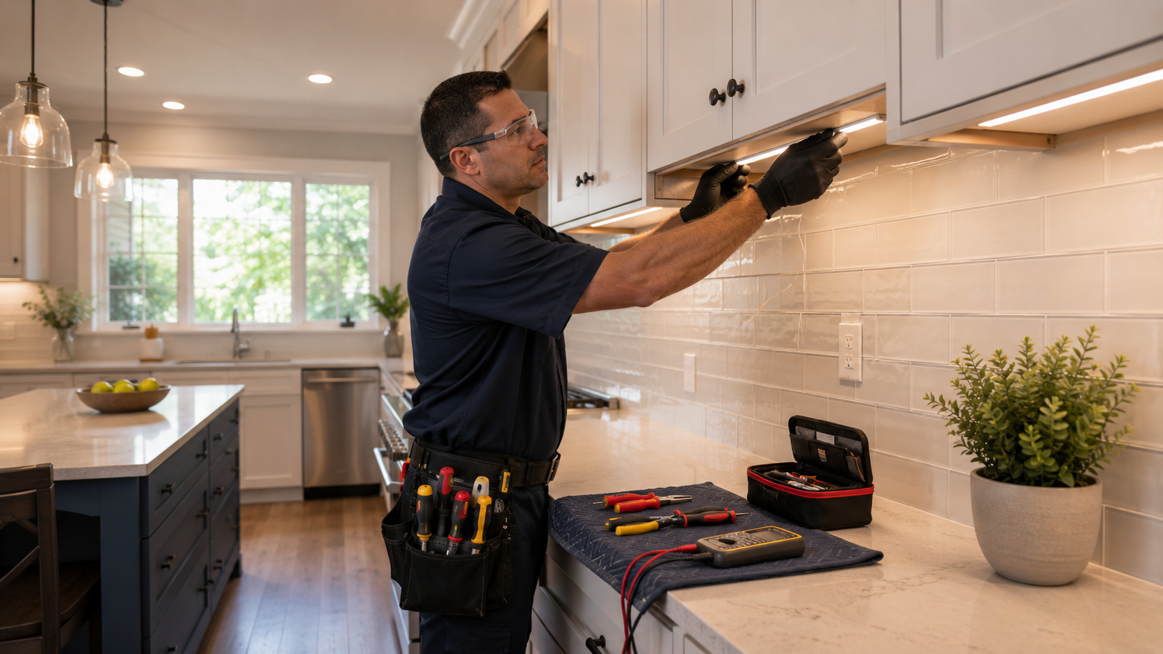 Licensed electrician installing under-cabinet lighting during a kitchen renovation in Arlington, Massachusetts